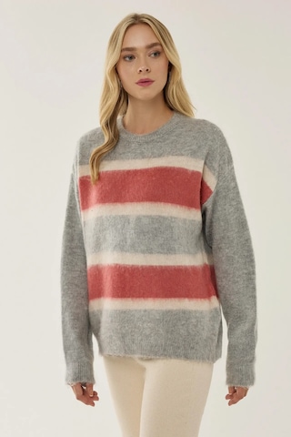 Hiccup Relaxed Fit Renkli Çizgili Triko Kazak Gri