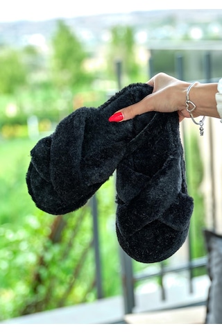 Tonny Black Çapraz Peluş Kadın Siyah Ev Terliği Tbtbr005 Siyah