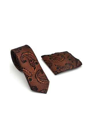 Gaffy Açık Kahverengi Şal Desenli Siyah Dokuma Kumaş Mendilli Slim Fit Kravat // Sdk-2606-1 Siyah