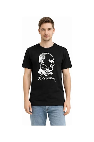 Butik İstanbul Erkek Atatürk Baskılı Tişört Kısa Kollu Bisiklet Yaka T-shirt - Siyah