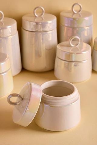 Luca Luster 7'li Ergonomik Porselen Baharatlık Seti Yuvarlak Kulplu Kapaklı Set Beyaz Beyaz