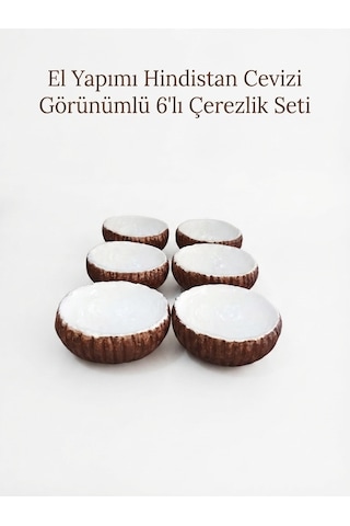 El Yapımı Hindistan Cevizi Görünümlü 6'lı Çerezlik Seti - Dekoratif Sunum Kasesi Açık Kahverengi