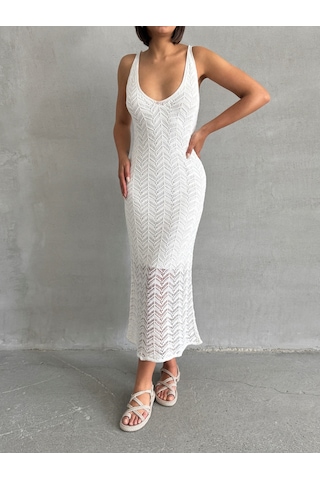 Kadın Askılı Ajurlu Yazlık Triko Elbise Ekru