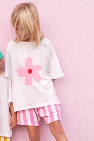 Lolliboomkids Kız Çocuk Pamuklu Bisiklet Yaka Çiçek Baskılı Tshirt Çizgili Şort Alt Üst Takım Pembe