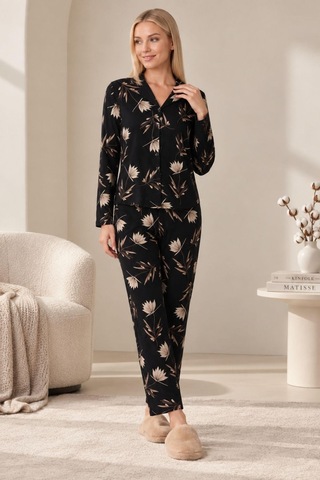 Gd Goldoremi 30185 Kadın Premium Uzun Kollu Önden Düğmeli Pijama Takım Siyah