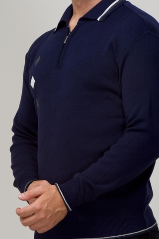 Kamalı Erkek Çelik Örgü Intarsia Gofra Desen Fermuarlı Polo Yaka Tüylenmez Premium Triko Kışlık Baba Kazak Lacivert