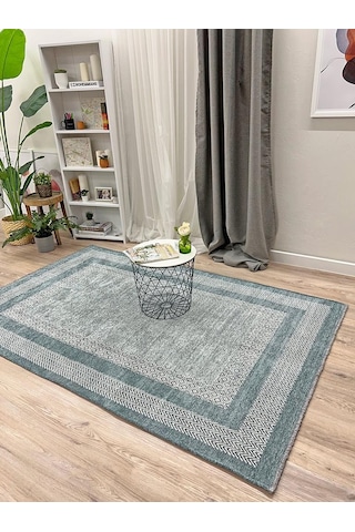 Moretti Nordi Çerçeve Desenli Yıkanabilir Salon Mutfak Yolluk Mavi Dokuma Modern Halı