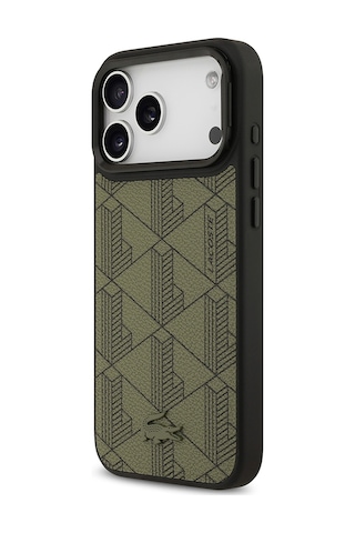 Apple Uyumlu iPhone 17 Pro Max Kılıf Lacoste Lisanslı M-safe Şarjlı Standlı Pu Deri Monogram Desenli Yeşil