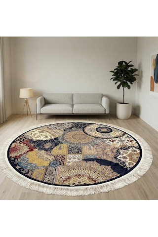 Mozaik Desenli 200 X 200 Yuvarlak İpek Halı Lacivert