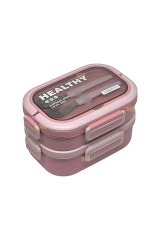 Vagonlife Bento 1650ml Paslanmaz Çelik 2 Katlı 3 Bölmeli Çatal Ve Kaşıklı Yemek Kutusu Pembe Beyaz