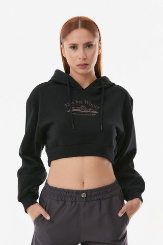 Fullamoda Baskılı Kapüşonlu Crop Sweatshirt- Siyah 24KGB890195453-Siyah
