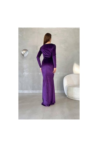 Lior Design Kadın İnce Kare Yaka Balık Kesim Uzun Kollu Abiye Elbise Mor
