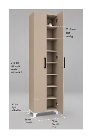 İnci 8 Raflı Mdf Beyaz 2 Kapaklı Çok Amaçlı Mutfak Dolabı Banyo Dolabı Çok Amaçlı Dolap Krem