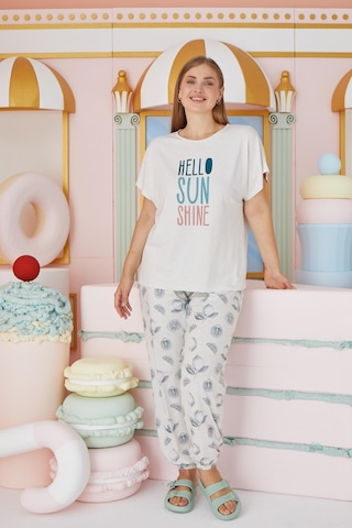Sevim Kadın Büyük Beden Kısa Kol Bej Melanj Pijama Takım C4t7n651 001