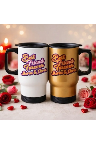 Bk Gift Kişiye Özel Best Friend Tasarımlı 2li Kulplu Beyaz&gold Çelik Termos Mug 450 Ml -2 Arkadaşa Hediye En İyi Arkadaş Termos Seti Kobitmeyencom362