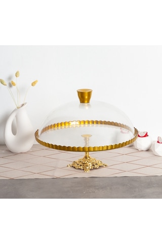Elta Collection Paşabahçe Lüx Metal Ayaklı Yaldızlı Kek Fanus Pasta Sunumluk Altın