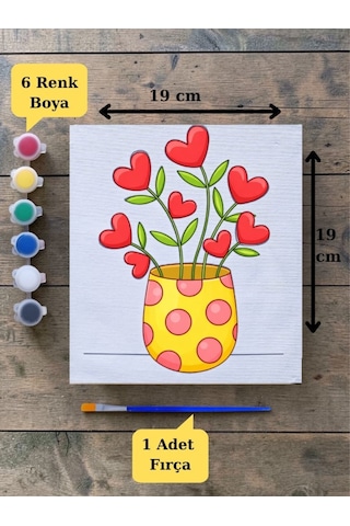 Çocuklara Özel Saksıda Çiçek Baskılı Tuval Boyama Aktivite Seti 19x19 Cm Tuval, Fırça Ve 6 Renk Akrilik Boya Seti