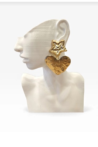 Yıldız Ve Kalp Detaylı Gold Küpe Altın