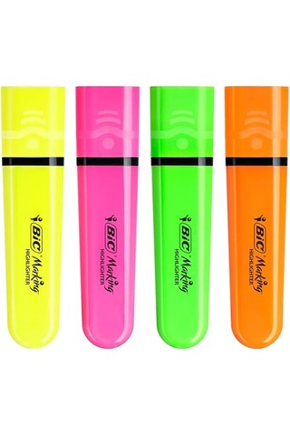 Marking Flat Higlighter Fosforlu Kalem 4'lü Blister, 4 Renk Sarı, Turuncu, Pembe, Yeşil , Su Bazlı, Hızlı Kuruyan Genel