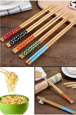 Mucit Home 5 Çift Bambu Chopstick Desenli Yıkanabilir Çin Suşi Ramen Noodle Yemek Çubuğu
