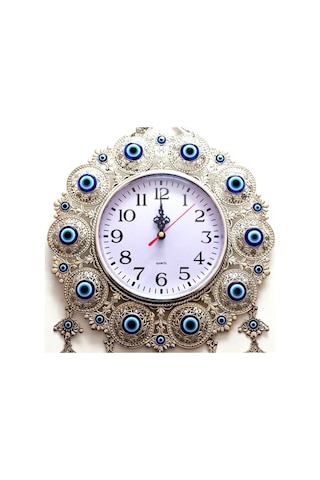 Nazar Boncuklu Gümüş Kaplama Solmaz Kararmaz Duvar Saati Çok Renki