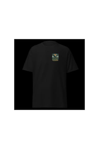 Wildstyle Kartal Renkli Vintage Yaban Hayat Doğa Dağ Rozet Baskılı Unisex Bisiklet Yaka Pamuklu Tişört Siyah
