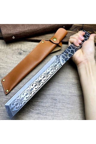 Valkyrie Paslanmaz Çelik Desenli Çok Amaçlı Mutfak Ve Kamp Bıçağı Kılıflı Dayanıklı Tasarım 33.8 Cm Siyah