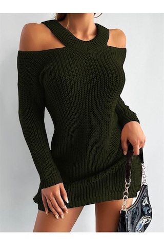 Aqe Fashion Kadın Omuzu Açık Uzun Kollu Midi Boy Tam Kalıp Haki Triko Elbise Haki