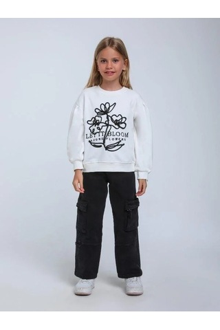 Kız Çocuk Çiçek Nakışlı Sweatshirt-14248 Beyaz