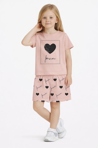 Name Baby & Kids Kız Çocuk Şortlu Yazlık Pijama Takımı Kalp Temalı Nbk-6146 Pembe