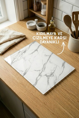 Klasik Mermer Desenli Cam Kesim Tahtası - 25x35cm -dayanıklı Ve Pratik Kesim Matı Beyaz