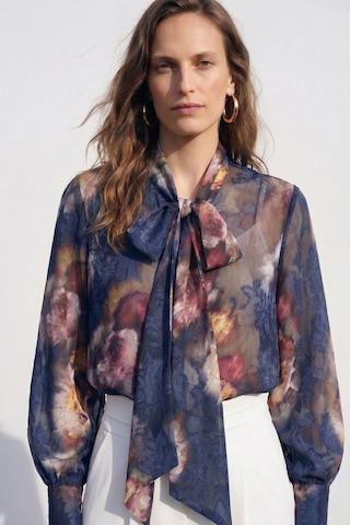 Sateen Fularlı Desenli Gömlek - Lacivert-137420