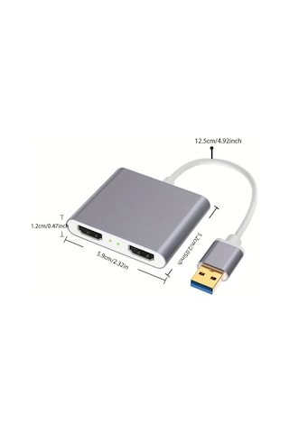 Boatshop1 Gri Usb3.0 Çift Hdtv Video Adaptörü Bilgisayar Laptop Ve Projektör İçin Çift Ekran 1080p 60hz 12.5cm Kablo