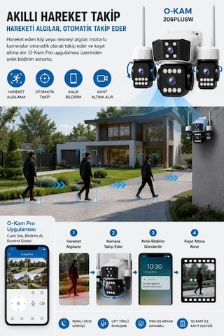 O-kam Ok-206w Wifi 12mp 4 Lens Aov Sirenli Gece Görüş Sesli Akıllı Güvenlik Kamerası Kişi Takibi Adaptör li