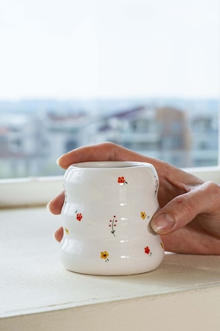 Rivaistanbul Minimal Çiçekler Amore El Yapımı Seramik Double Kahve Bardağı Mug Kupa Krem