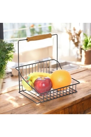 Retro Ferforje Tek Sepet, Ahşap Kulplu Mutfak Banyo Salon Ofis Düzenleyici Sepet Organizer Siyah, 20x20 Cm Diğer