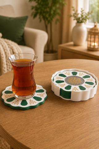 Geleneksel Türk Çay Tabağı Motifli 4 Lü Bardak Altlığı Seti Standlı - Dekoratif Bardak Altlığı - Yeşil Set Diğer