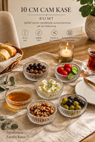 Porsima 13877-2 Vanes 6'lı Floren Cam Sunum Kasesi 10 Cm Çerezlik, Reçellik, Puding Ve Kahvaltılık Kase Seti Şeffaf