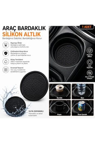 Araba Bardak Altlığı Silikon Araç İçi Kaymaz Telefon Para Malzeme Tutucu Siyah Renk 65 Mm 2 Adet Takım