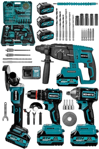 Schatz 21v Darbeli Kömürsüz Kırıcı Delici Hilti & Taşlama & Matkap & Somun Sıkma Sökme 4'lü Set Mavi