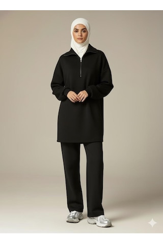 Afri 3 İplik Şardonlu Siyah Oversize Fermuarlı Tunik Sweatshirt - Günlük Spor Elbise Siyah