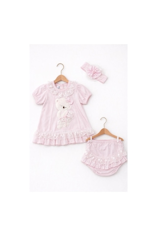 Kardeşler Bebe Dantelli Ayıcıklı Kız Bebek Elbise Takım Saç Bantlı 3 Lü Set Pembe