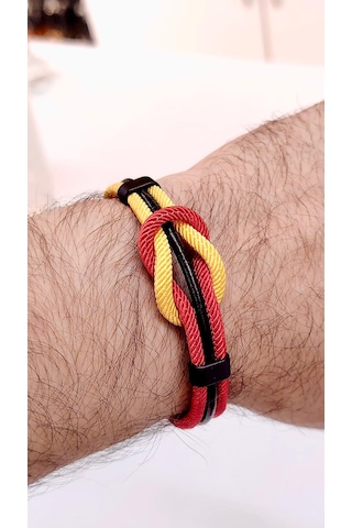 Sarı Kırmızı Taraftar Temalı Deri&makreme Düğüm Model Bileklik Net 21cm Kırmızı - Sarı