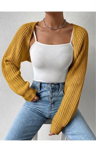 Moibody Triko Örgü Reglan Kol Bolero Hırka Kore Tarzı 4 Mevsim Sarı Sarı
