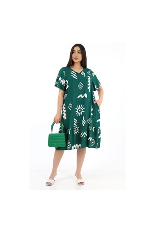 Schık Kadın Viskon Yarım Kol V Yaka Cepli Fırfırlı Elbise Koyu Yeşil Koyu Yeşil