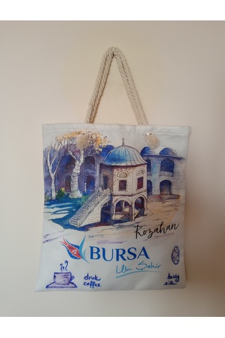 El Yapımı Şehir İsimli Bez Çanta Krem.karışık Renkli Desenli