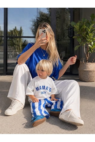 Baby Lory Kids Store Erkek Çocuk Mama's Boy Yazı Detaylı Takım Beyaz - Saks Mavi