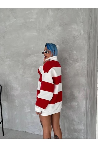 Mbb E-ticaret Kadın 3 İplik Pamuklu Parçalı Yakalı Sweatshirt - Kırmızı