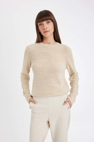 Defacto Regular Fit Bisiklet Yaka Simli Kumaş Kazak Tunik D0405AX24WNER105 Ekru