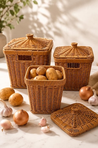 3'lü Kare Patates Soğan Sarımsak Sepeti Seti - Rattan Düzenleyici Kapaklı Sebzelik Soğanlık Hasır